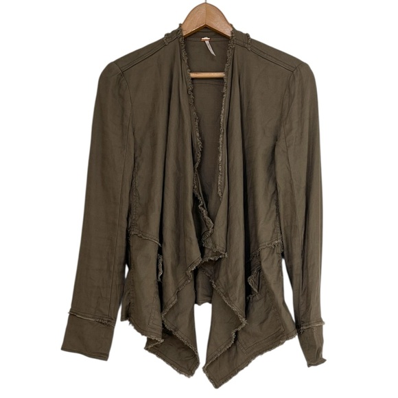 Free People Linen Jacket Size XS Taupe Tan Raw Hem Pockets Lightweight Bohemian - Picture 2 of 11